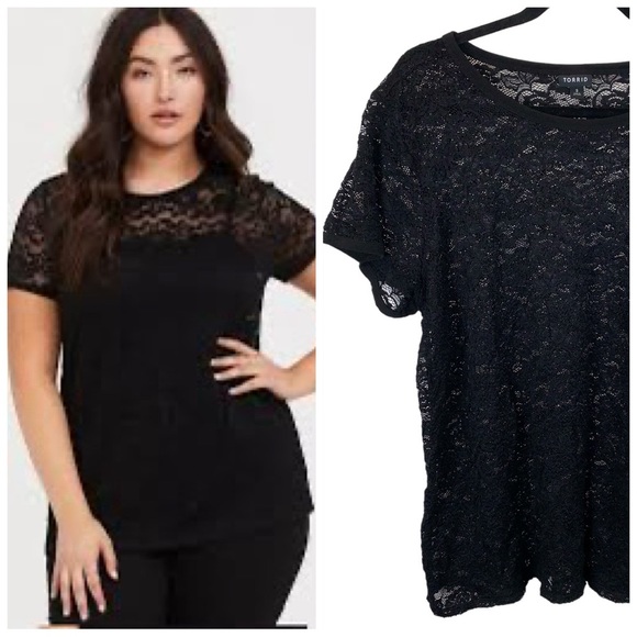Torrid Black Semi-Sheer Lace Floral Crew Short Sleeve Tee 3X - Picture 1 of 8